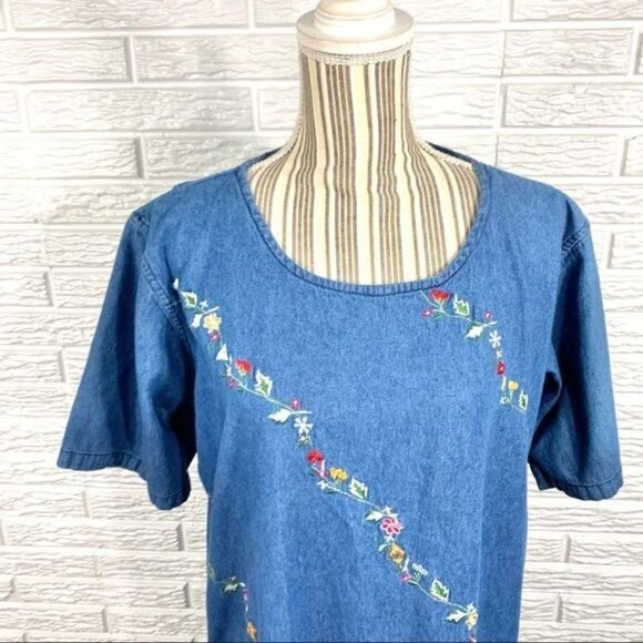 Vintage Blue Denim Maxi Dress Floral Embroidery Size Large - Picture 2 of 6
